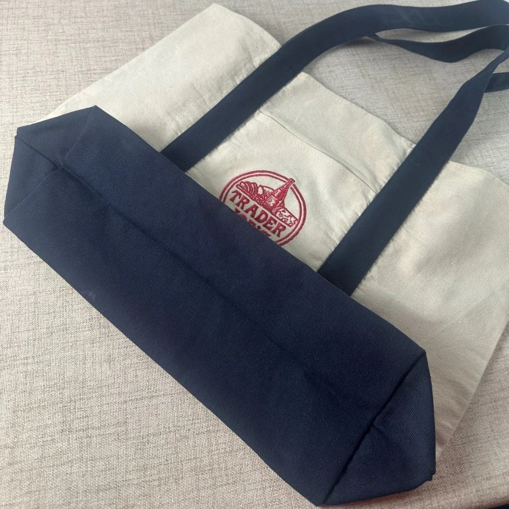 Trader Joe's Canvas Boat Tote Bag Navy & Natural Embroidered Logo